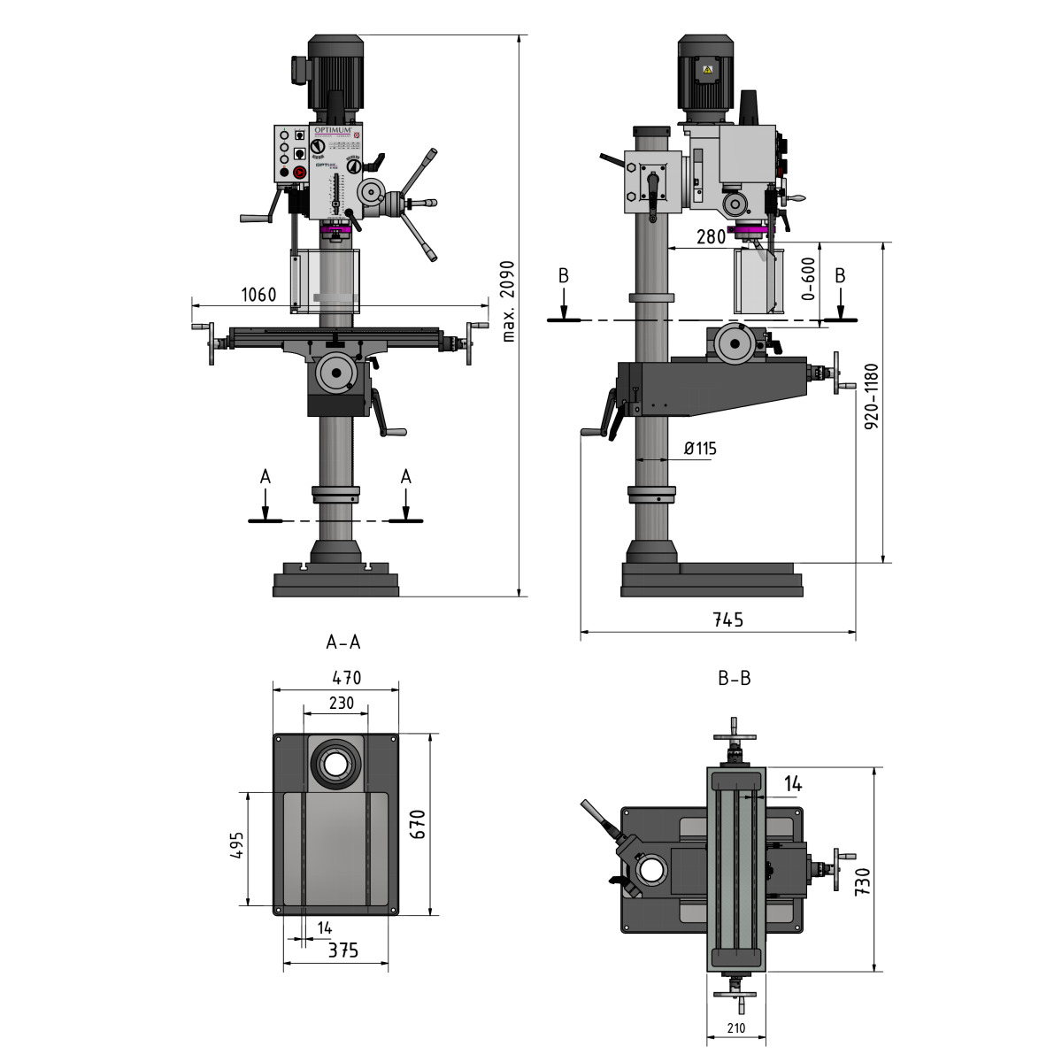 Wiertarka z przekładnią filarową i stołem poprzecznym Optimum OPTIdrill DH 40CT (3034349) - obrazek 5