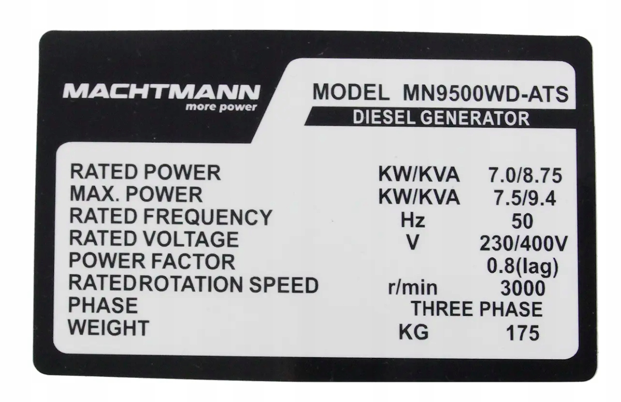 Agregat Prądotwórczy Diesel Machtmann 9500WD ATS 400V 9.4 kVA Trójfazowy Marka Machtmann